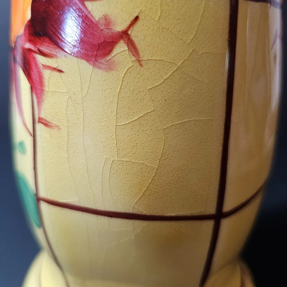 Vtg Handpainted Czech Pottery Vase, Yellow Orange Red Flower 8 x 4 in Art Deco
